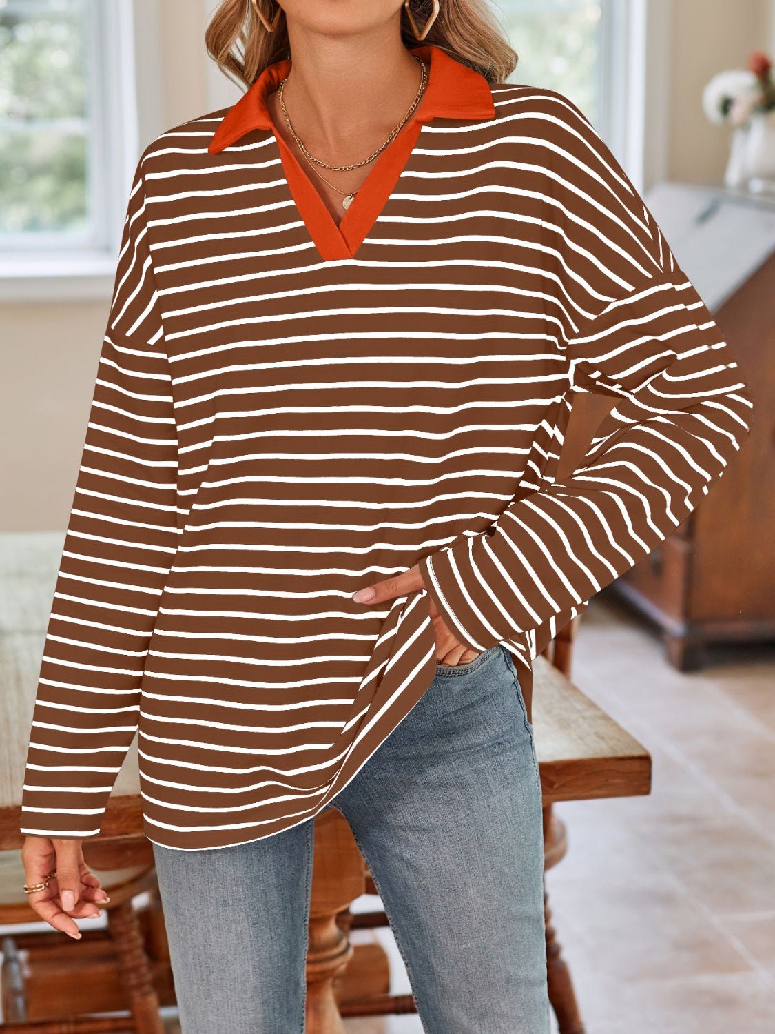 Lovelet Striped Johnny Collar Long Sleeve T-Shirt - Mervyns