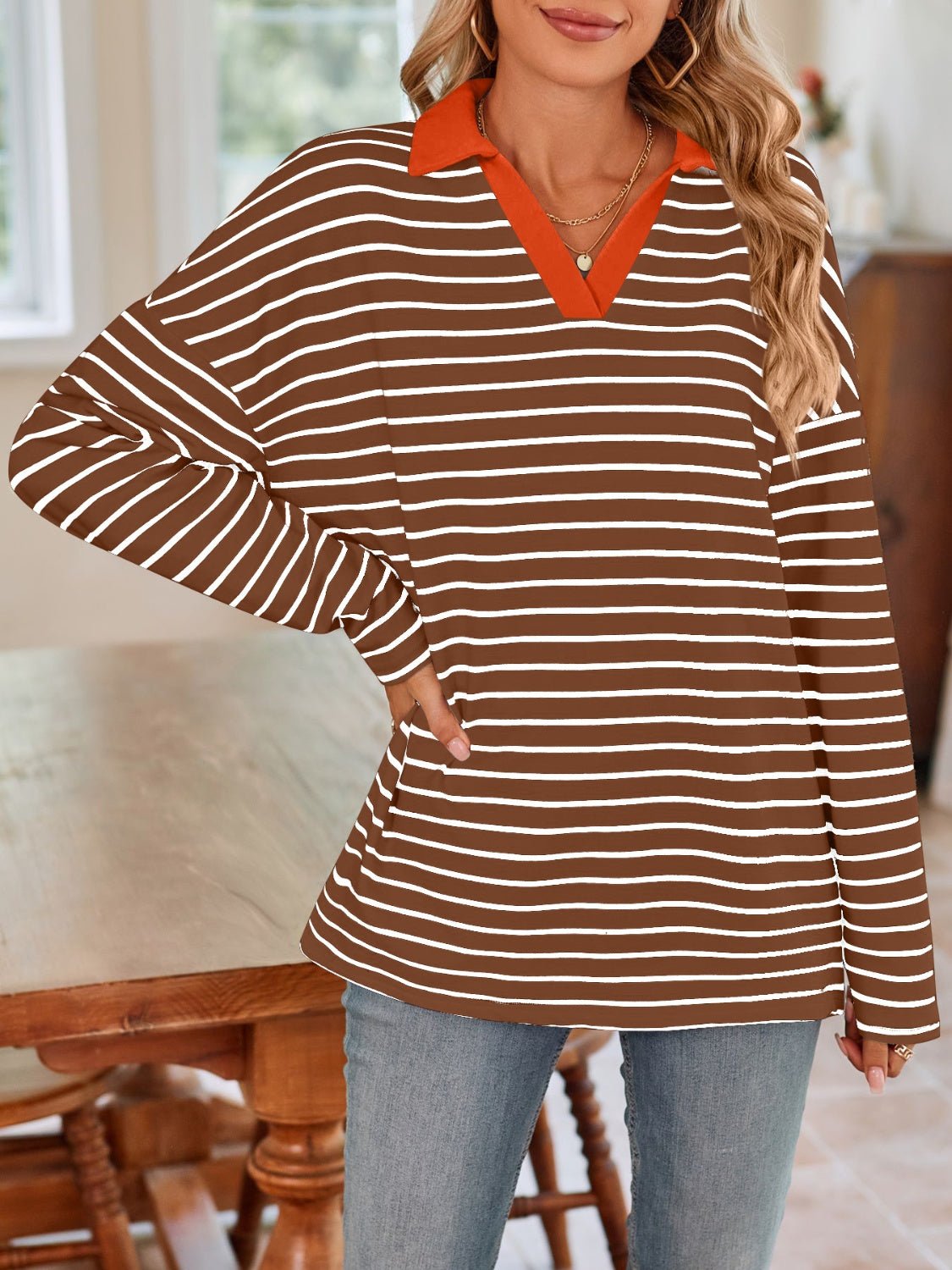 Lovelet Striped Johnny Collar Long Sleeve T-Shirt - Mervyns