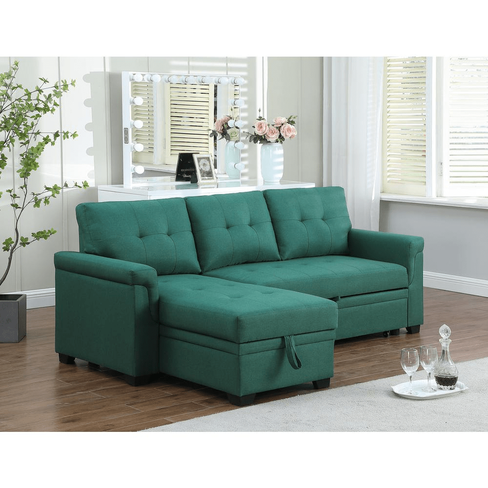 Lucca Green Linen Reversible Sleeper Sectional Sofa with Storage Chaise - Mervyns