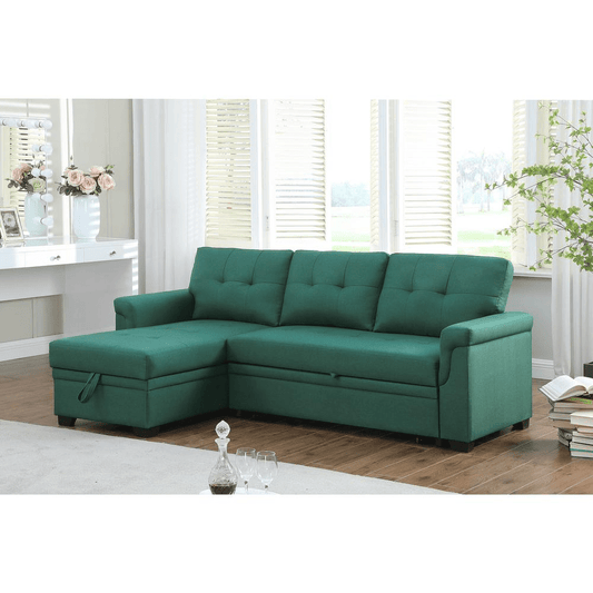 Lucca Green Linen Reversible Sleeper Sectional Sofa with Storage Chaise - Mervyns