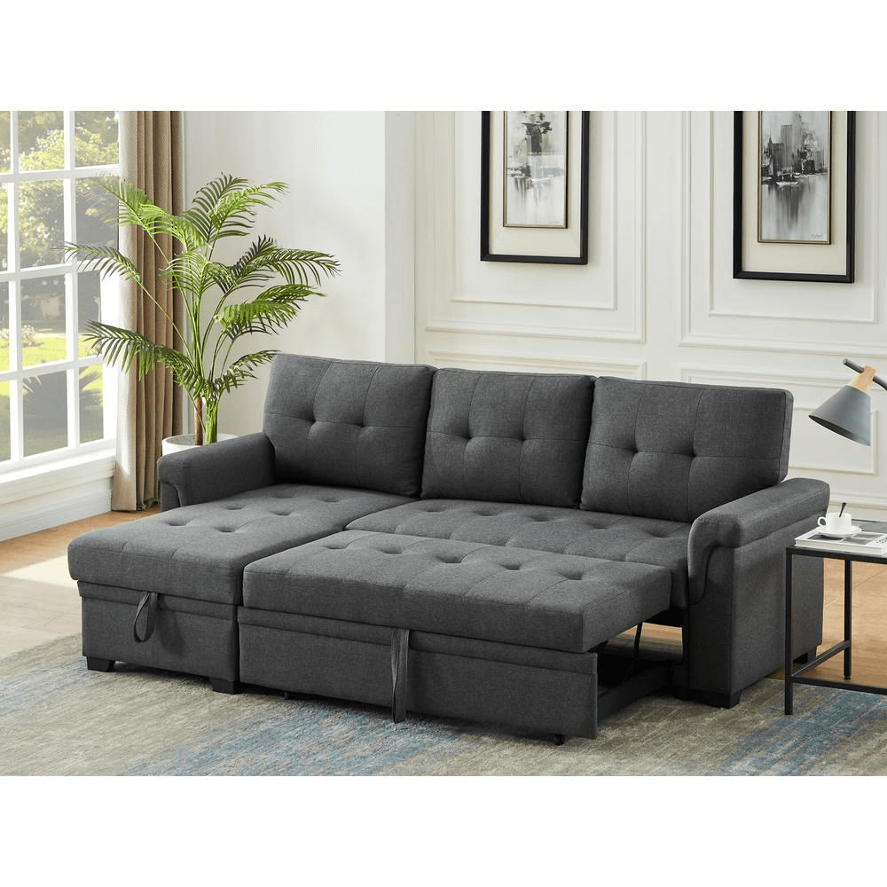 Lucca Light Gray Linen Reversible Sleeper Sectional Sofa with Storage Chaise - Mervyns