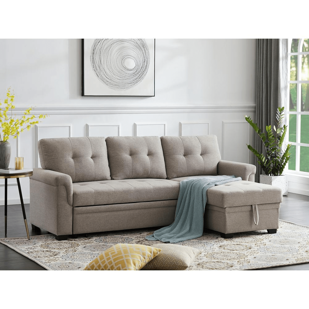 Lucca Light Gray Linen Reversible Sleeper Sectional Sofa with Storage Chaise - Mervyns