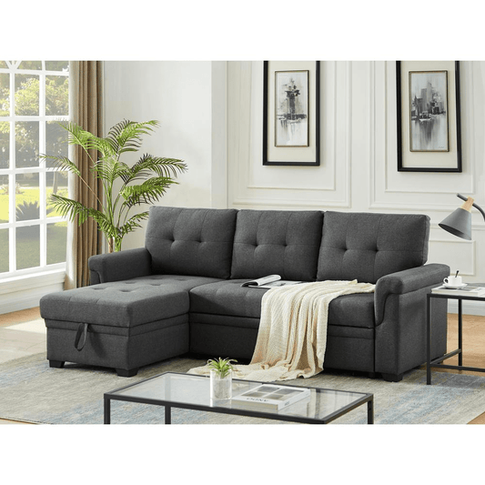 Lucca Light Gray Linen Reversible Sleeper Sectional Sofa with Storage Chaise - Mervyns