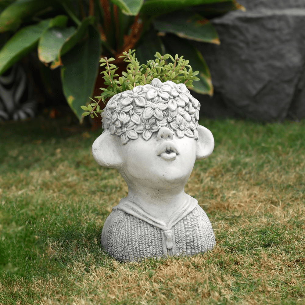 LuxenHome Gray MgO Kissing Flower Child Bust Planter - Mervyns