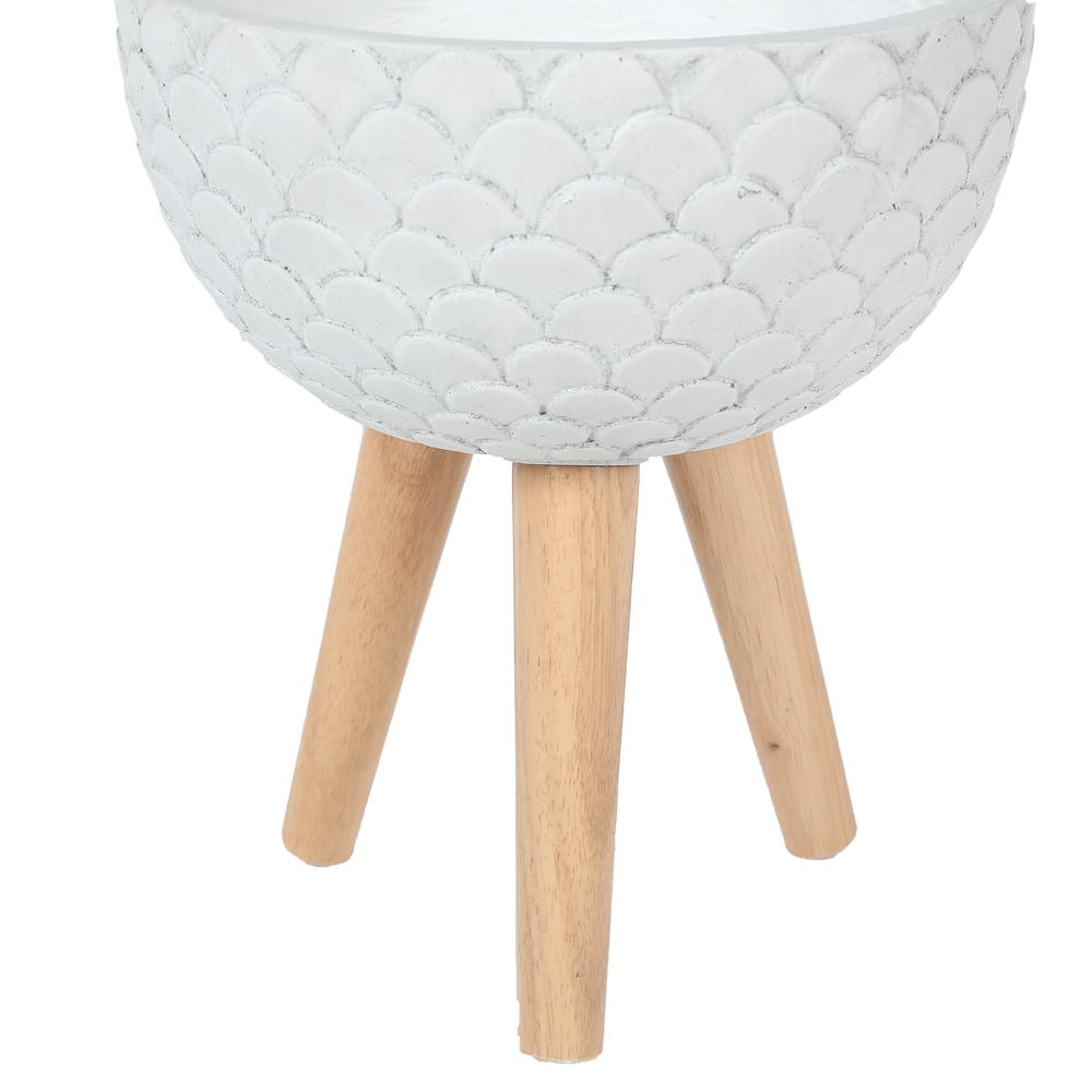 LuxenHome Scallop Embossed White 12.2 in. Round MgO Planter with Wood Legs - Mervyns