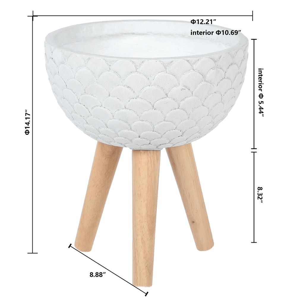 LuxenHome Scallop Embossed White 12.2 in. Round MgO Planter with Wood Legs - Mervyns