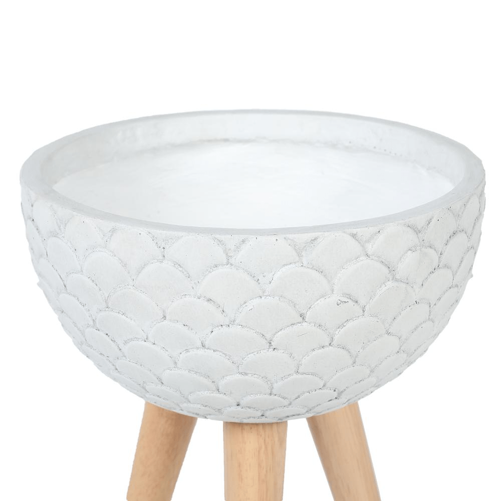 LuxenHome Scallop Embossed White 12.2 in. Round MgO Planter with Wood Legs - Mervyns