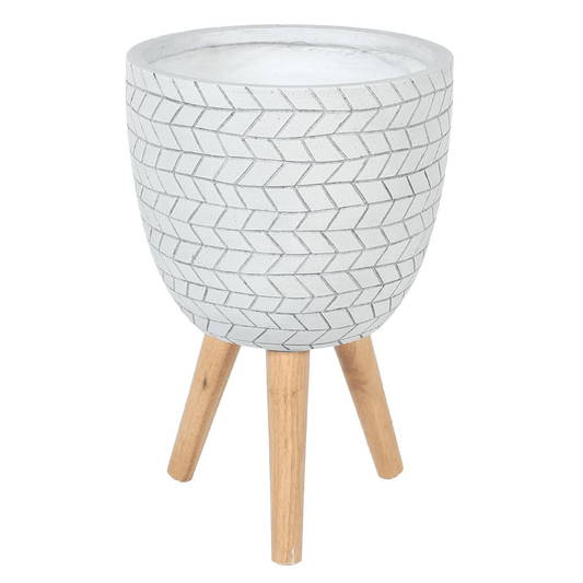 LuxenHome White Cube Design 12.1 in. Round MgO Planter with Wood Legs - Mervyns