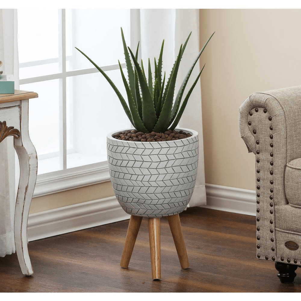 LuxenHome White Cube Design 12.1 in. Round MgO Planter with Wood Legs - Mervyns