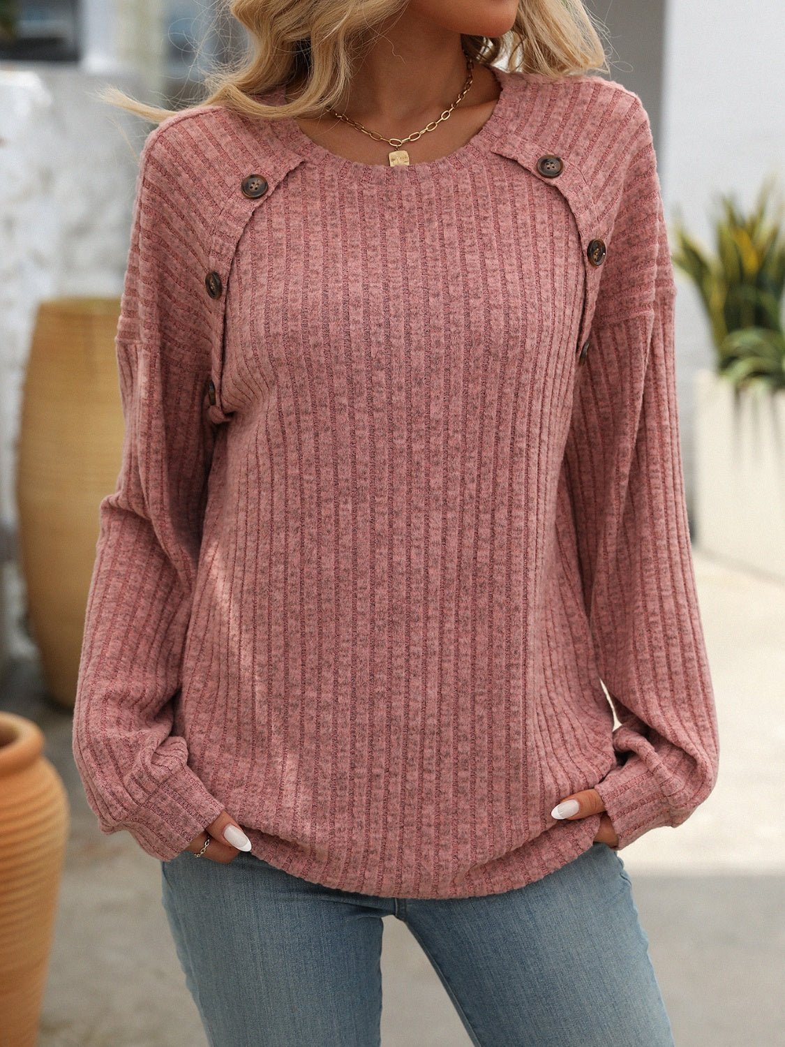 Mandy Decor Button Long Sleeve Ribbed T-Shirt - Mervyns