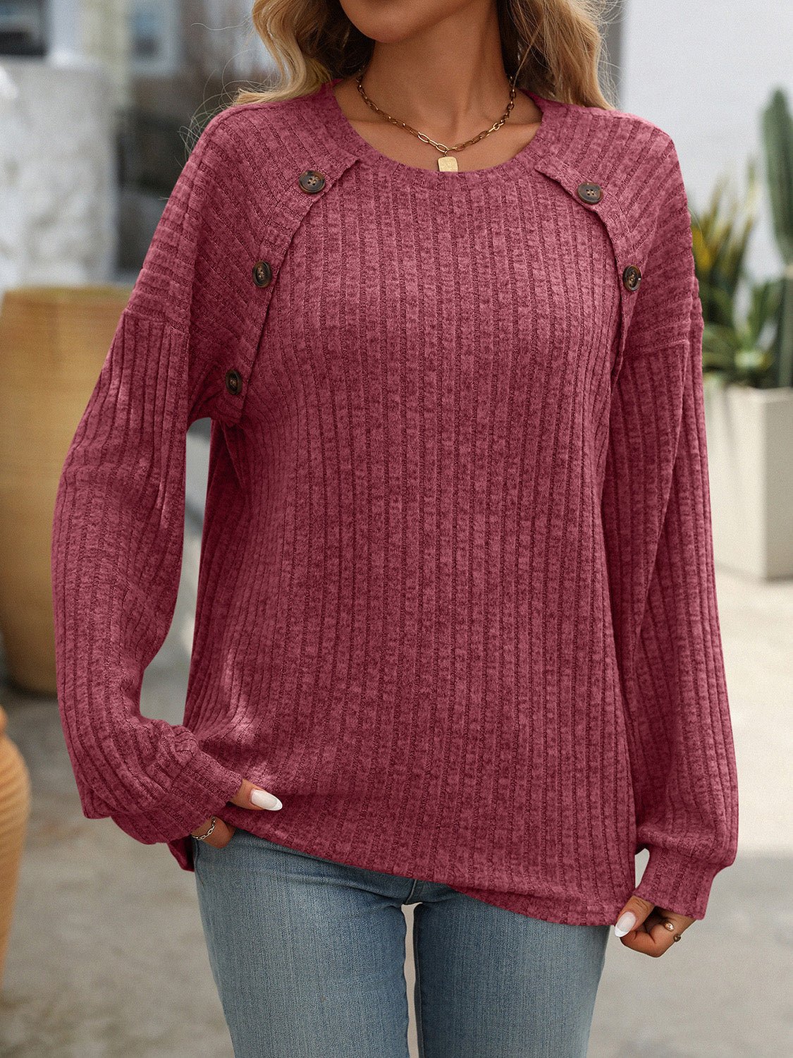 Mandy Decor Button Long Sleeve Ribbed T-Shirt - Mervyns