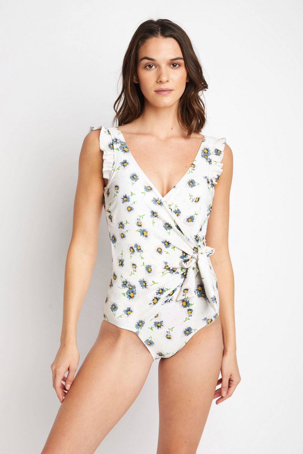 Marina West Swim Float On Ruffle Faux Wrap One - Piece in Daisy Cream - Mervyns