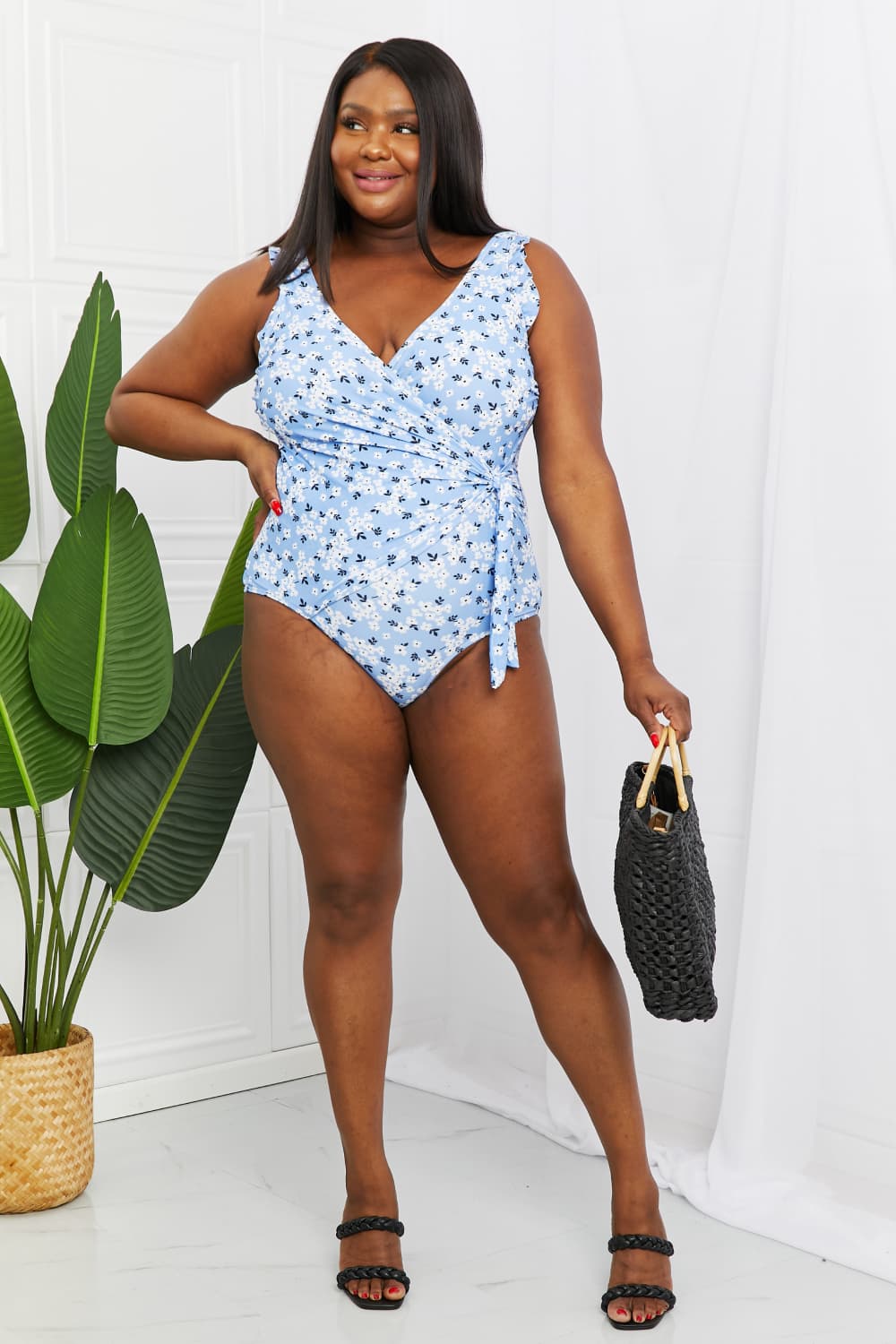 Marina West Swim Full Size Float On Ruffle Faux Wrap One - Piece in Blossom Blue - Mervyns