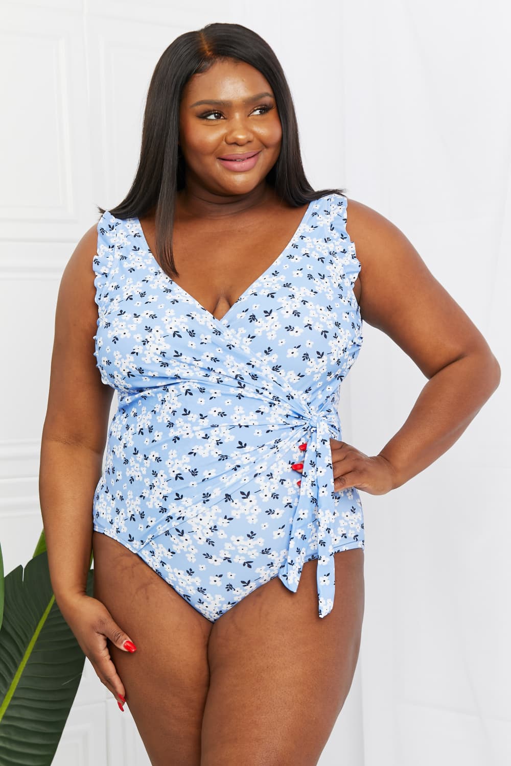 Marina West Swim Full Size Float On Ruffle Faux Wrap One - Piece in Blossom Blue - Mervyns