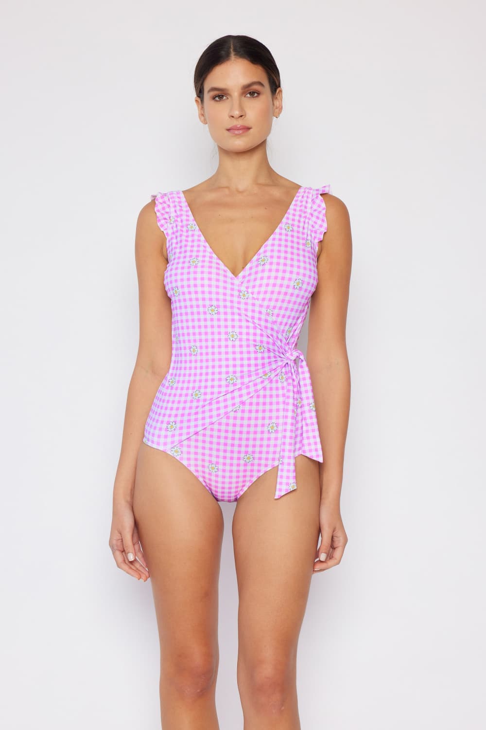 Marina West Swim Full Size Float On Ruffle Faux Wrap One - Piece in Carnation Pink - Mervyns