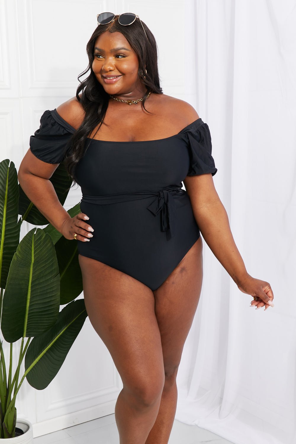 Marina West Swim Salty Air Puff Sleeve One - Piece in Black - Mervyns