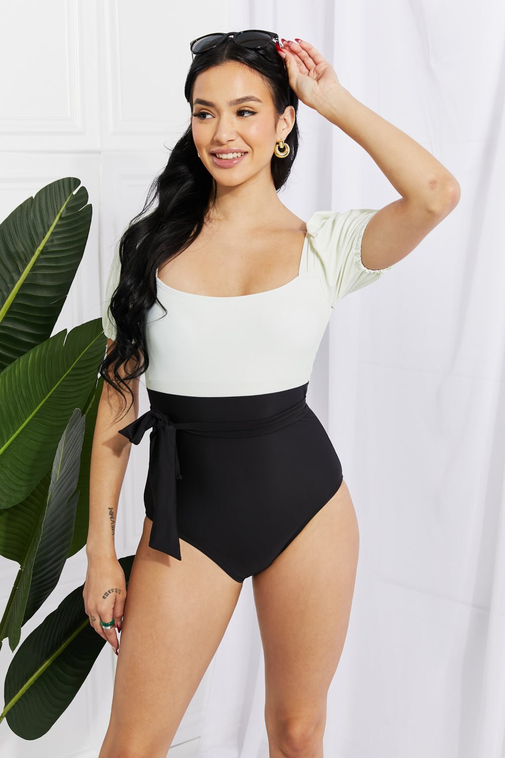 Marina West Swim Salty Air Puff Sleeve One - Piece in Cream/Black - Mervyns