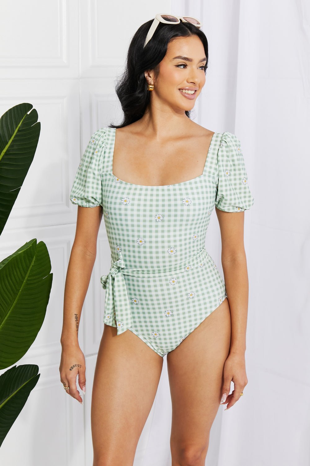 Marina West Swim Salty Air Puff Sleeve One - Piece in Sage - Mervyns