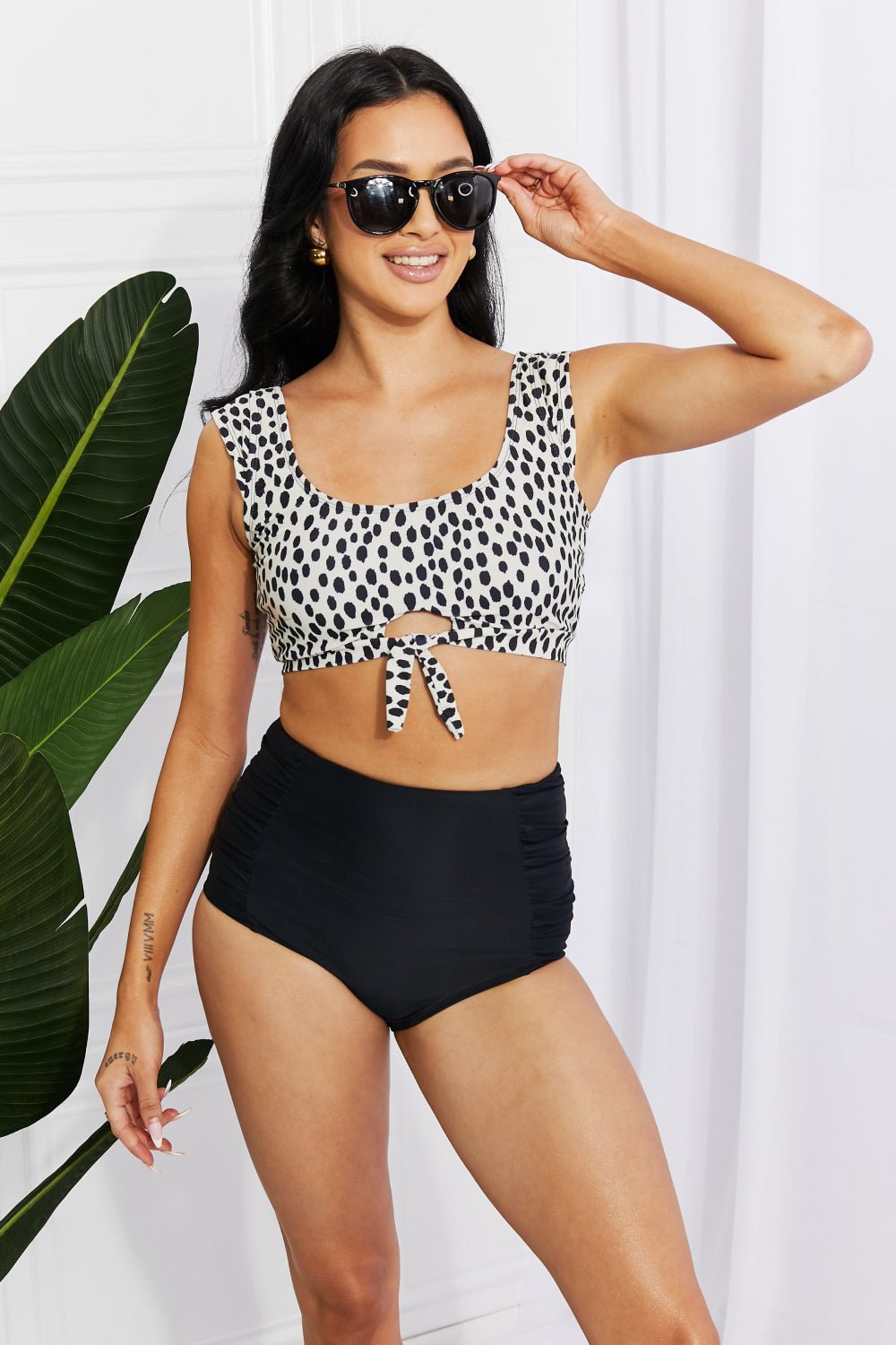 Marina West Swim Sanibel Crop Swim Top and Ruched Bottoms Set in Black - Mervyns