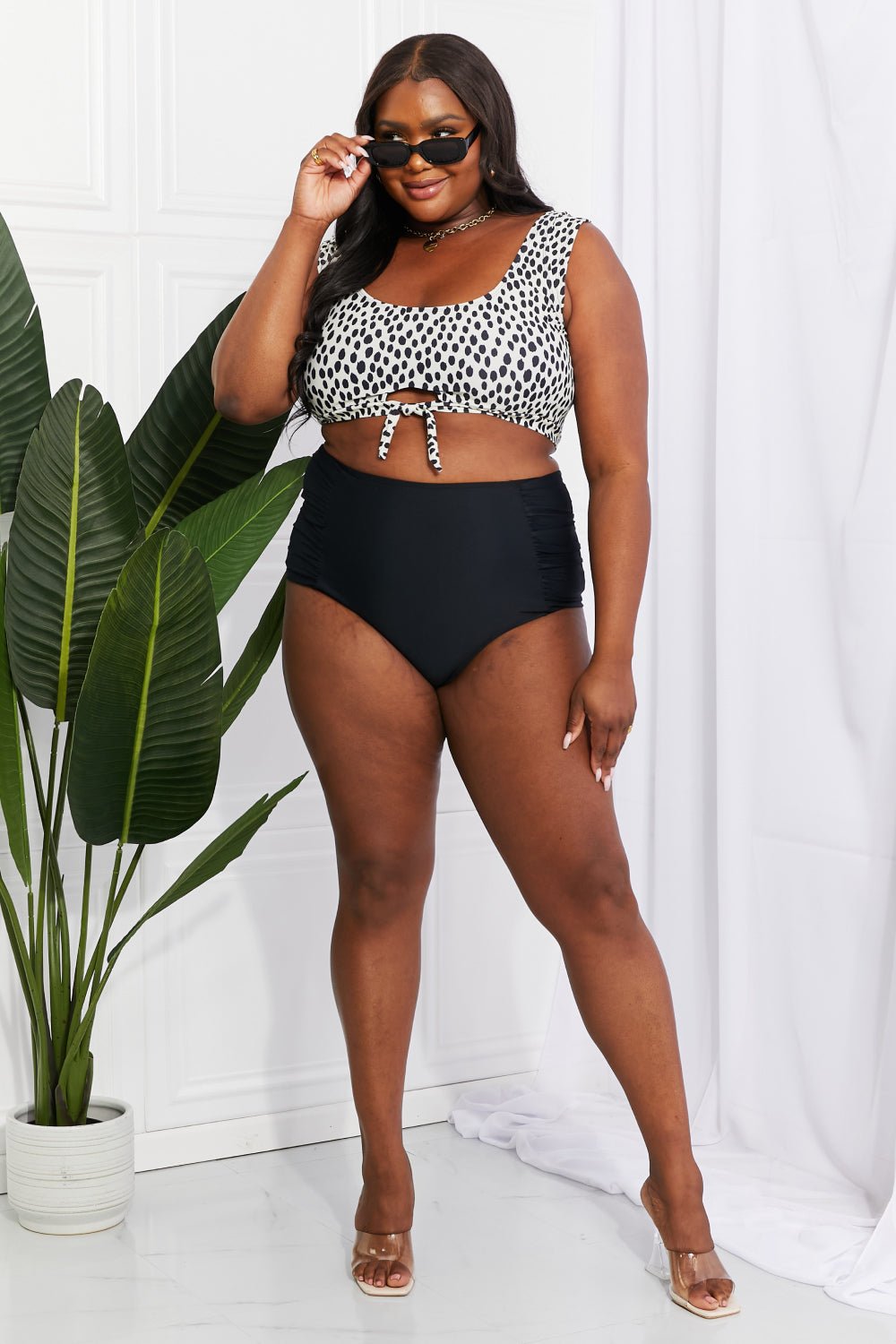 Marina West Swim Sanibel Crop Swim Top and Ruched Bottoms Set in Black - Mervyns