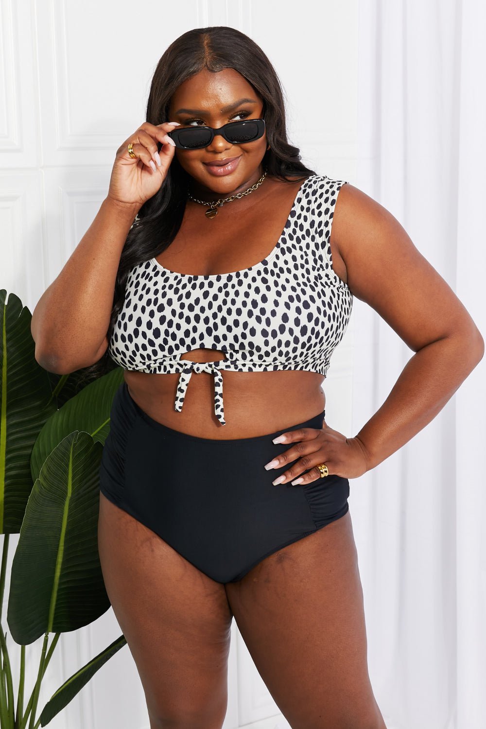 Marina West Swim Sanibel Crop Swim Top and Ruched Bottoms Set in Black - Mervyns