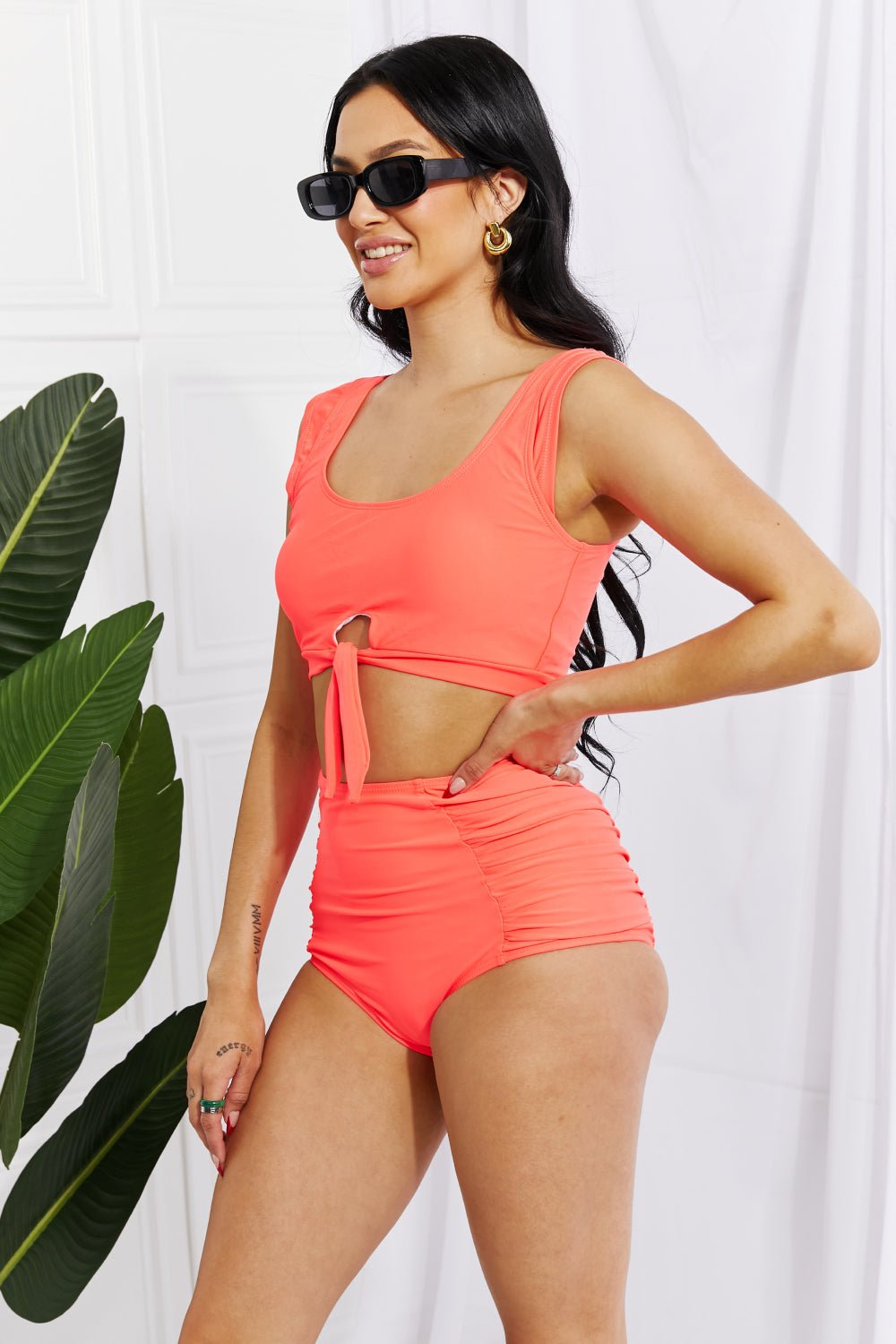 Marina West Swim Sanibel Crop Swim Top and Ruched Bottoms Set in Coral - Mervyns