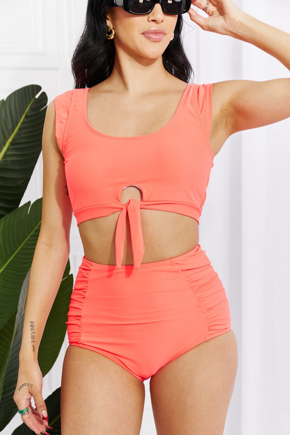 Marina West Swim Sanibel Crop Swim Top and Ruched Bottoms Set in Coral - Mervyns