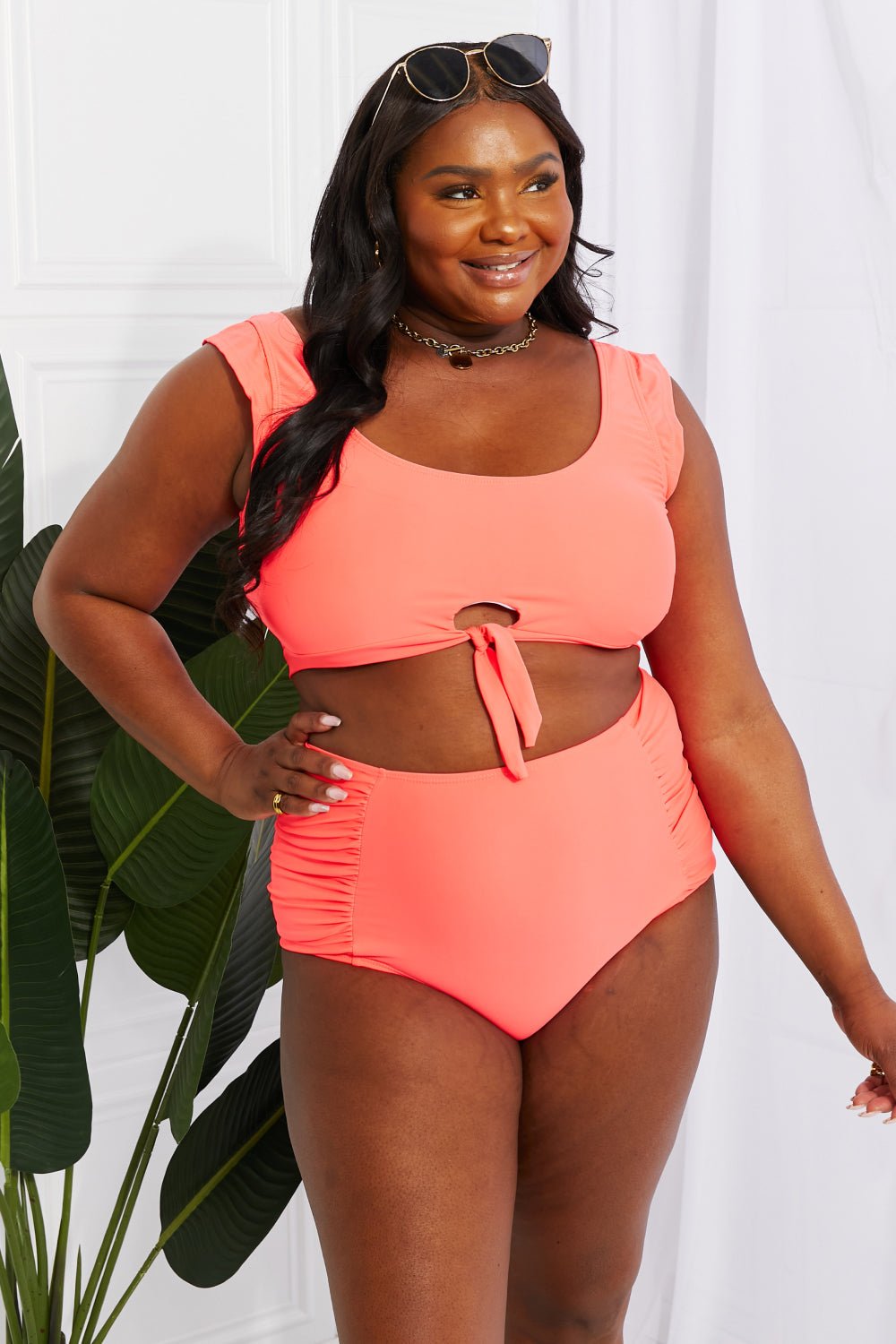 Marina West Swim Sanibel Crop Swim Top and Ruched Bottoms Set in Coral - Mervyns