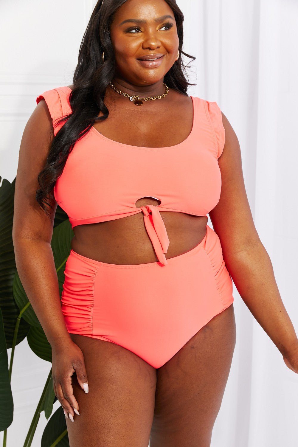 Marina West Swim Sanibel Crop Swim Top and Ruched Bottoms Set in Coral - Mervyns