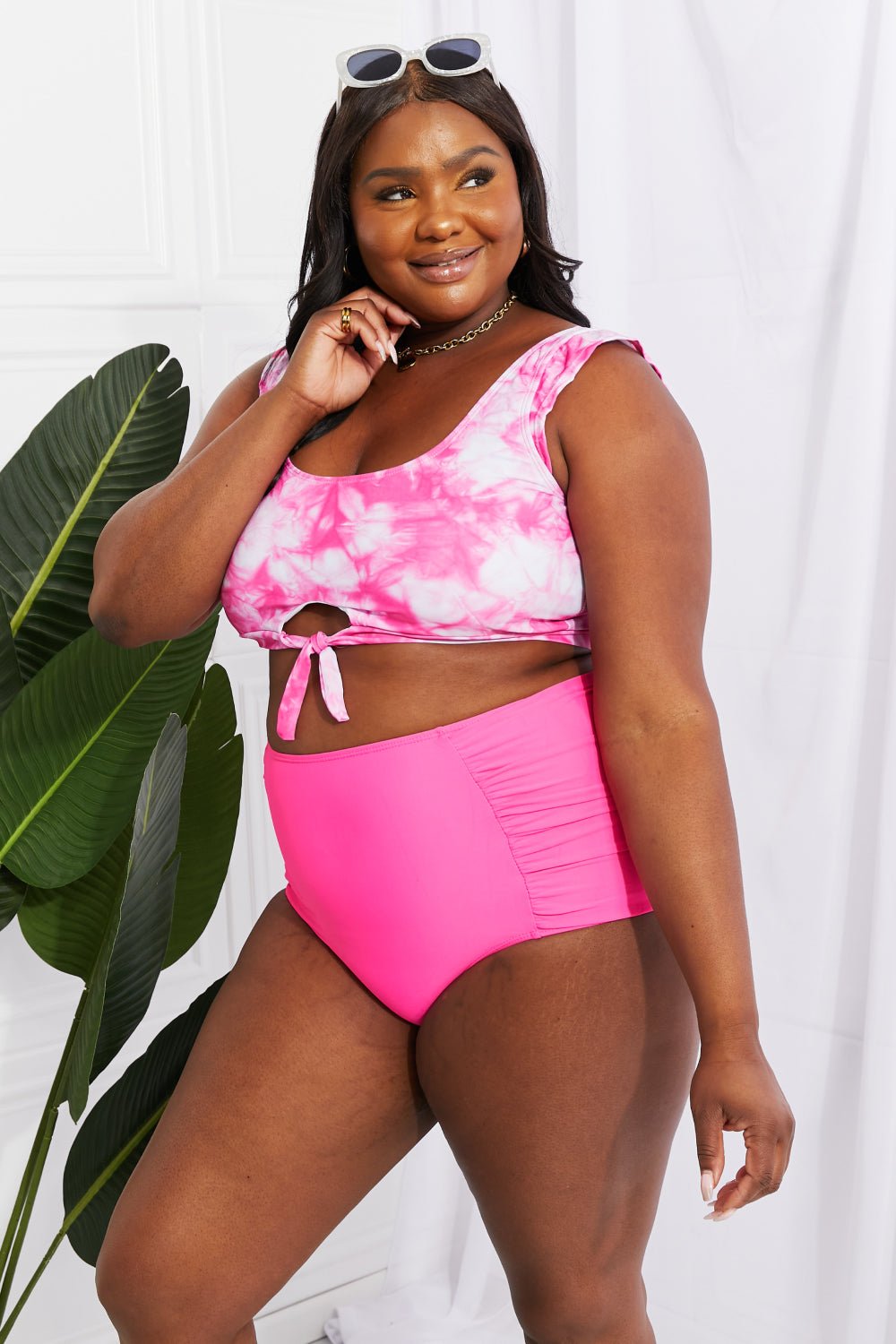 Marina West Swim Sanibel Crop Swim Top and Ruched Bottoms Set in Pink - Mervyns