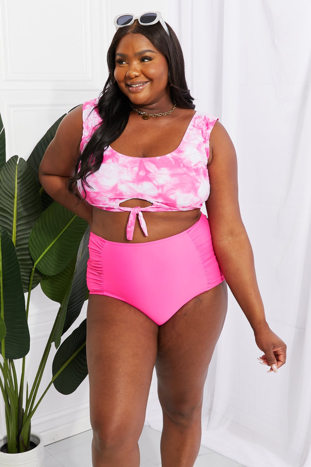 Marina West Swim Sanibel Crop Swim Top and Ruched Bottoms Set in Pink - Mervyns