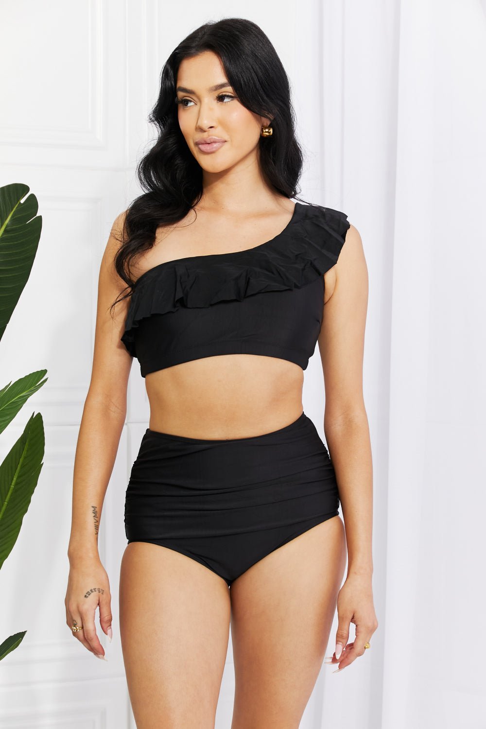 Marina West Swim Seaside Romance Ruffle One - Shoulder Bikini in Black - Mervyns