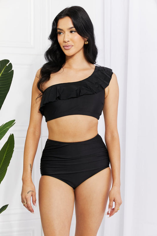 Marina West Swim Seaside Romance Ruffle One - Shoulder Bikini in Black - Mervyns