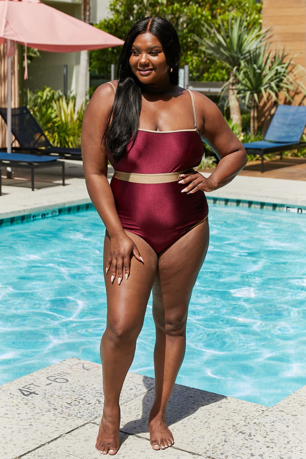 Marina West Swim Wave Break Contrast Trim One - Piece in Wine - Mervyns