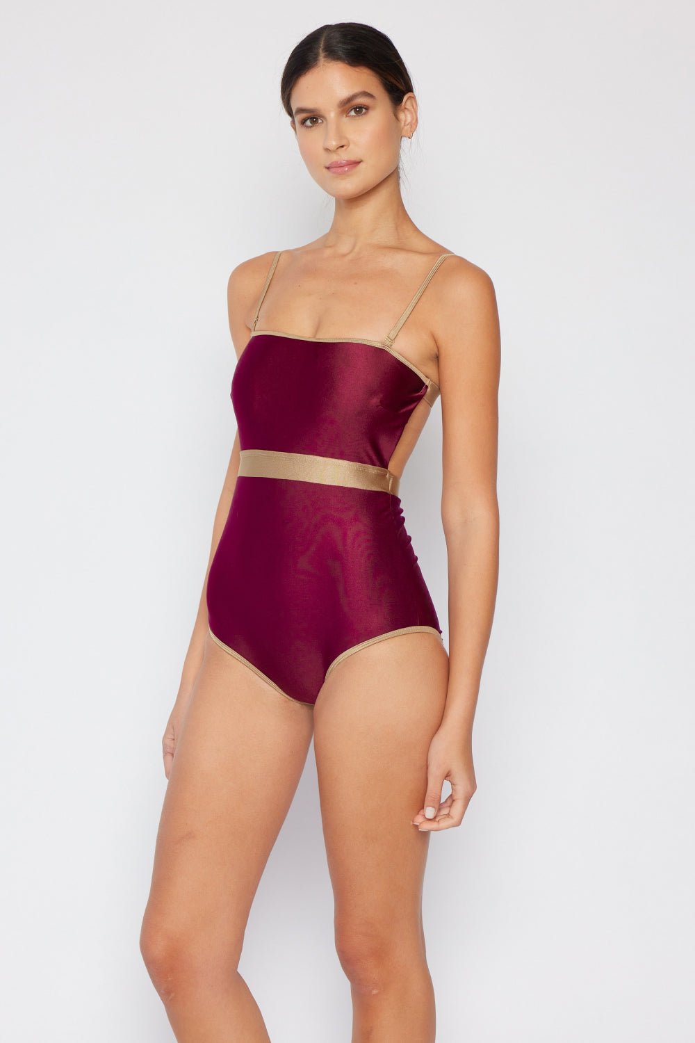 Marina West Swim Wave Break Contrast Trim One - Piece in Wine - Mervyns