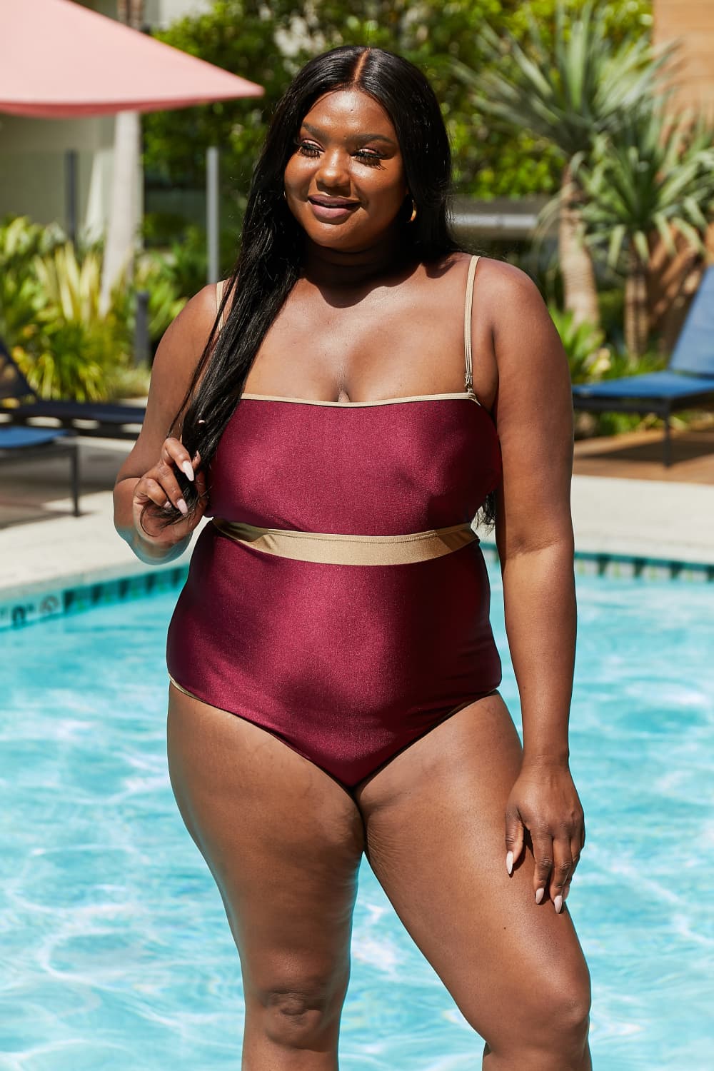 Marina West Swim Wave Break Contrast Trim One - Piece in Wine - Mervyns