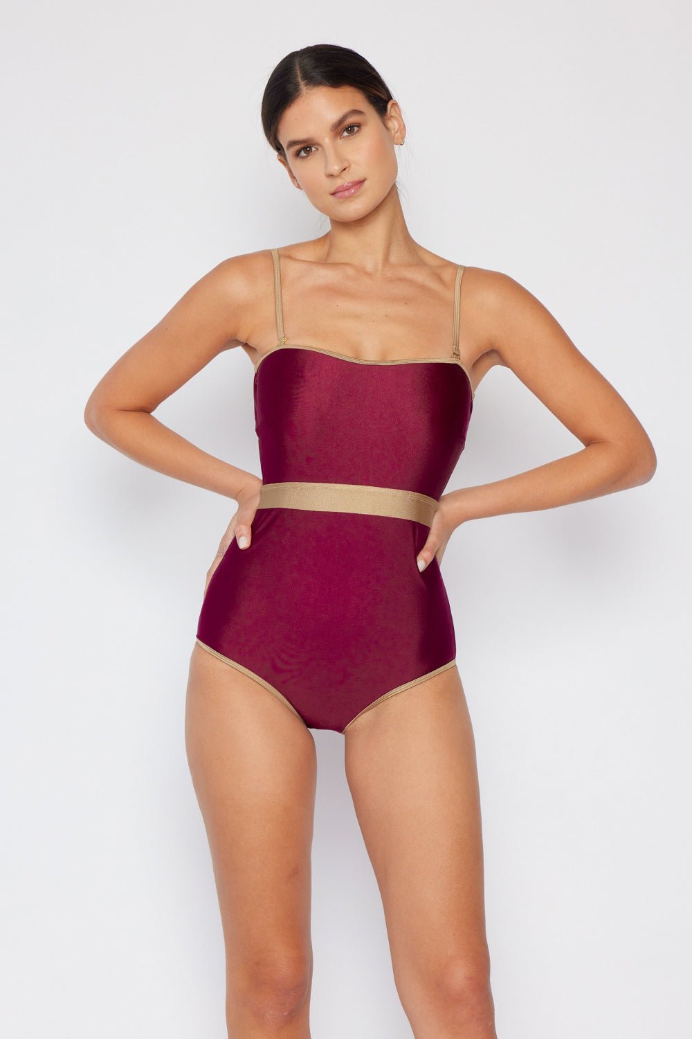 Marina West Swim Wave Break Contrast Trim One - Piece in Wine - Mervyns