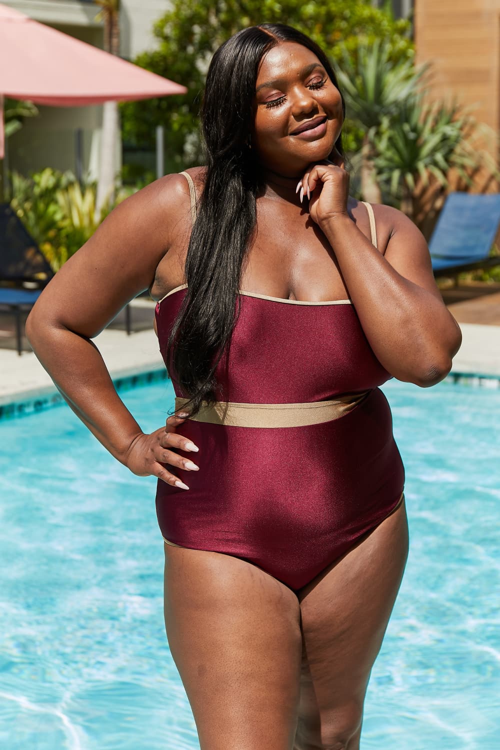 Marina West Swim Wave Break Contrast Trim One - Piece in Wine - Mervyns