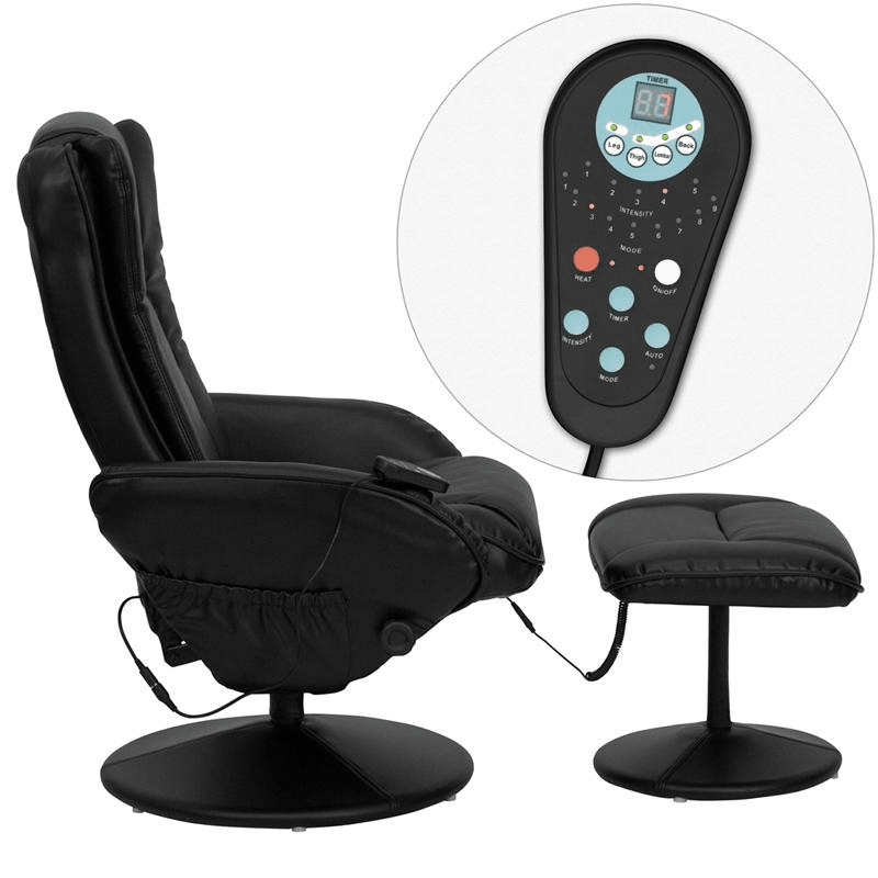 Massaging Plush Recliner with Side Pocket and Ottoman in Black LeatherSoft - Mervyns