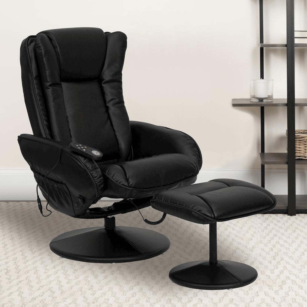 Massaging Plush Recliner with Side Pocket and Ottoman in Black LeatherSoft - Mervyns