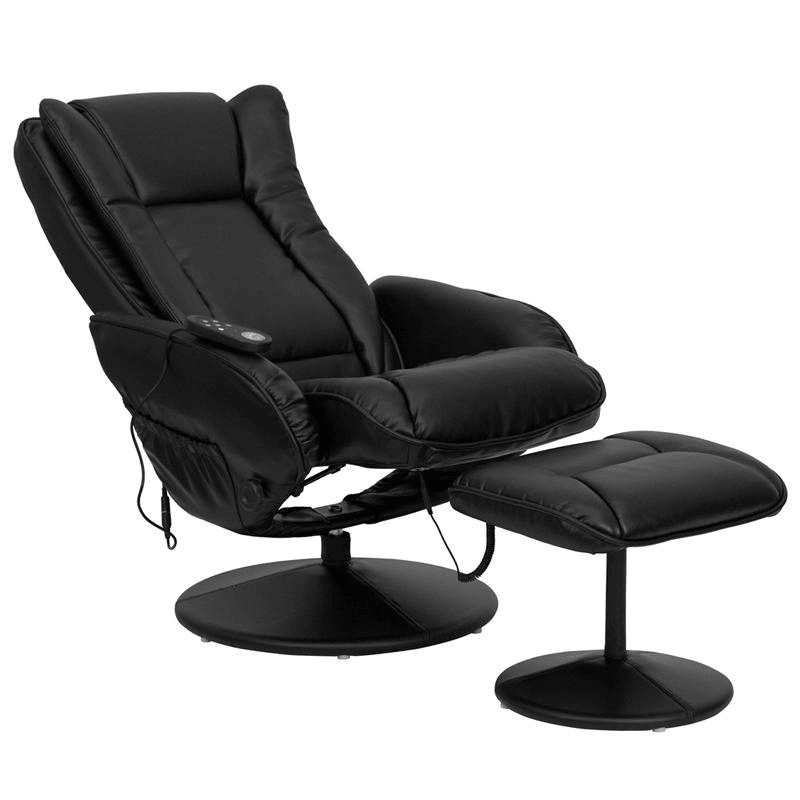 Massaging Plush Recliner with Side Pocket and Ottoman in Black LeatherSoft - Mervyns