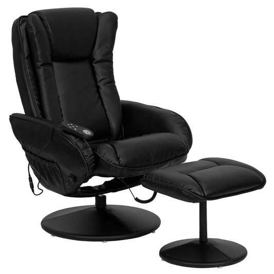 Massaging Plush Recliner with Side Pocket and Ottoman in Black LeatherSoft - Mervyns