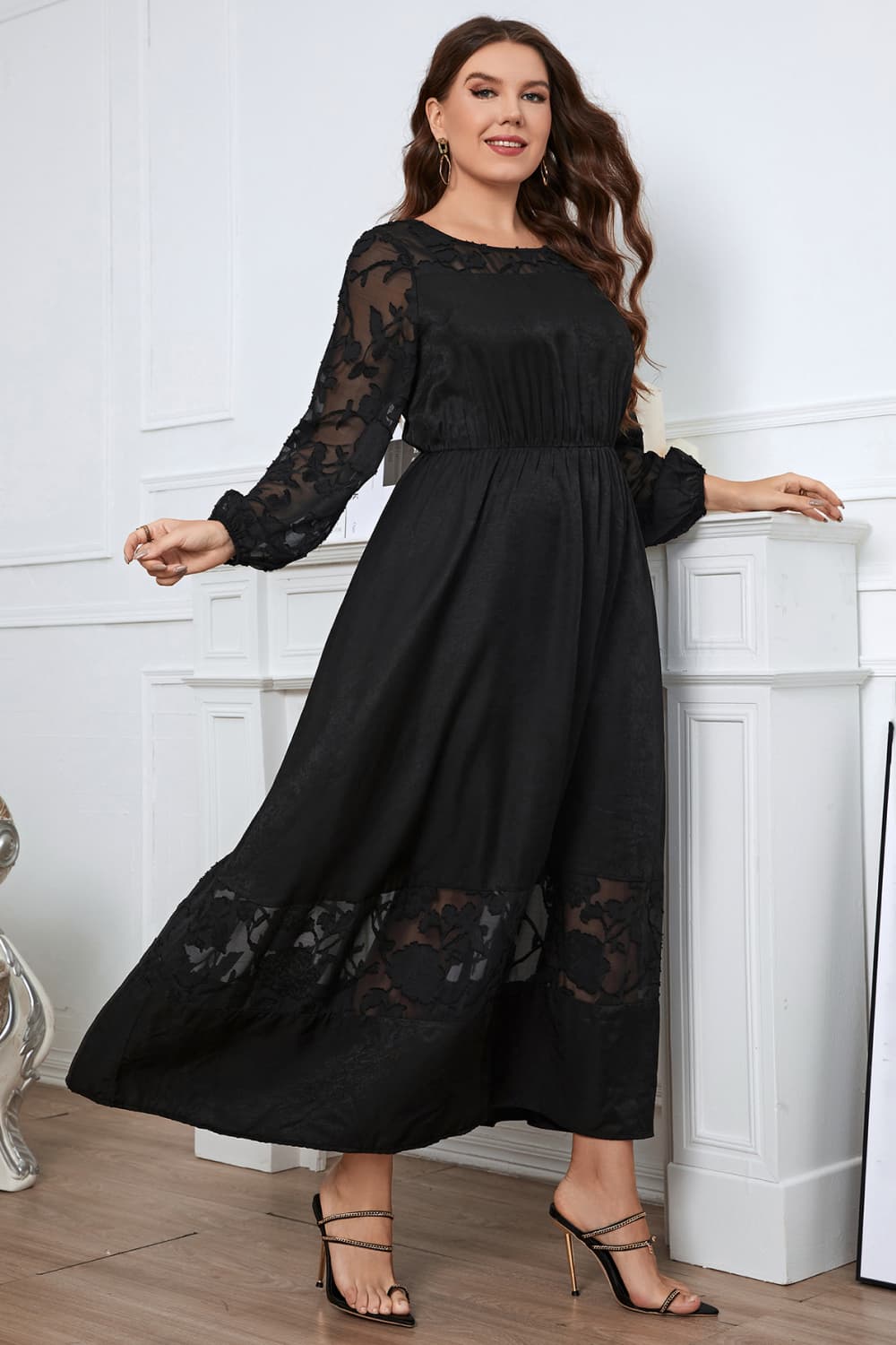 Melo Apparel Plus Size Embroidery Round Neck Long Sleeve Maxi Dress - Mervyns