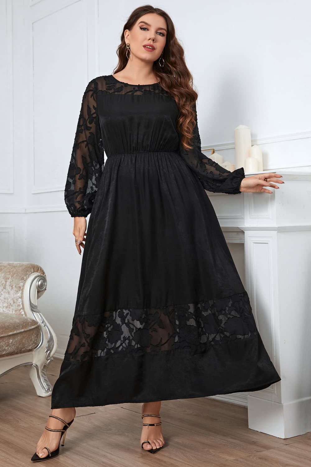 Melo Apparel Plus Size Embroidery Round Neck Long Sleeve Maxi Dress - Mervyns