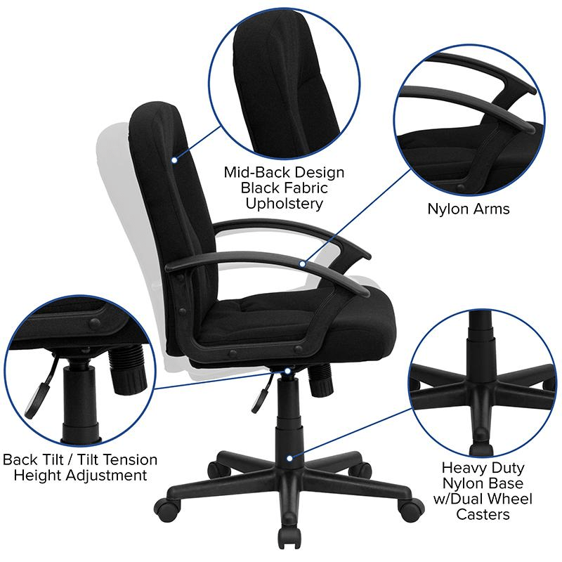 Mid - Back Black Fabric Executive Swivel Office Chair with Nylon Arms - Mervyns