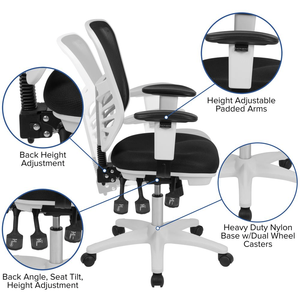 Mid - Back Black Mesh Multifunction Executive Swivel Ergonomic Office Chair with Adjustable Arms and White Frame - Mervyns