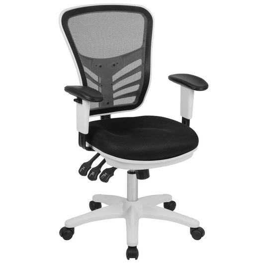 Mid - Back Black Mesh Multifunction Executive Swivel Ergonomic Office Chair with Adjustable Arms and White Frame - Mervyns