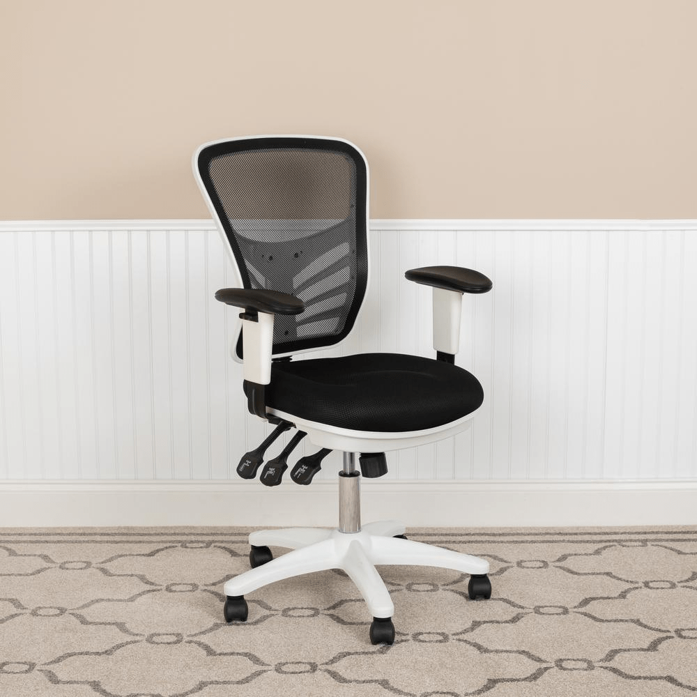 Mid - Back Black Mesh Multifunction Executive Swivel Ergonomic Office Chair with Adjustable Arms and White Frame - Mervyns