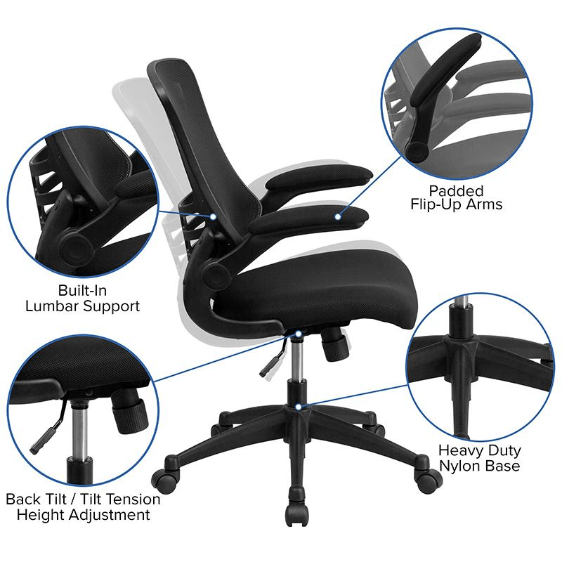 Mid - Back Black Mesh Swivel Ergonomic Task Office Chair with Flip - Up Arms, BIFMA Certified - Mervyns