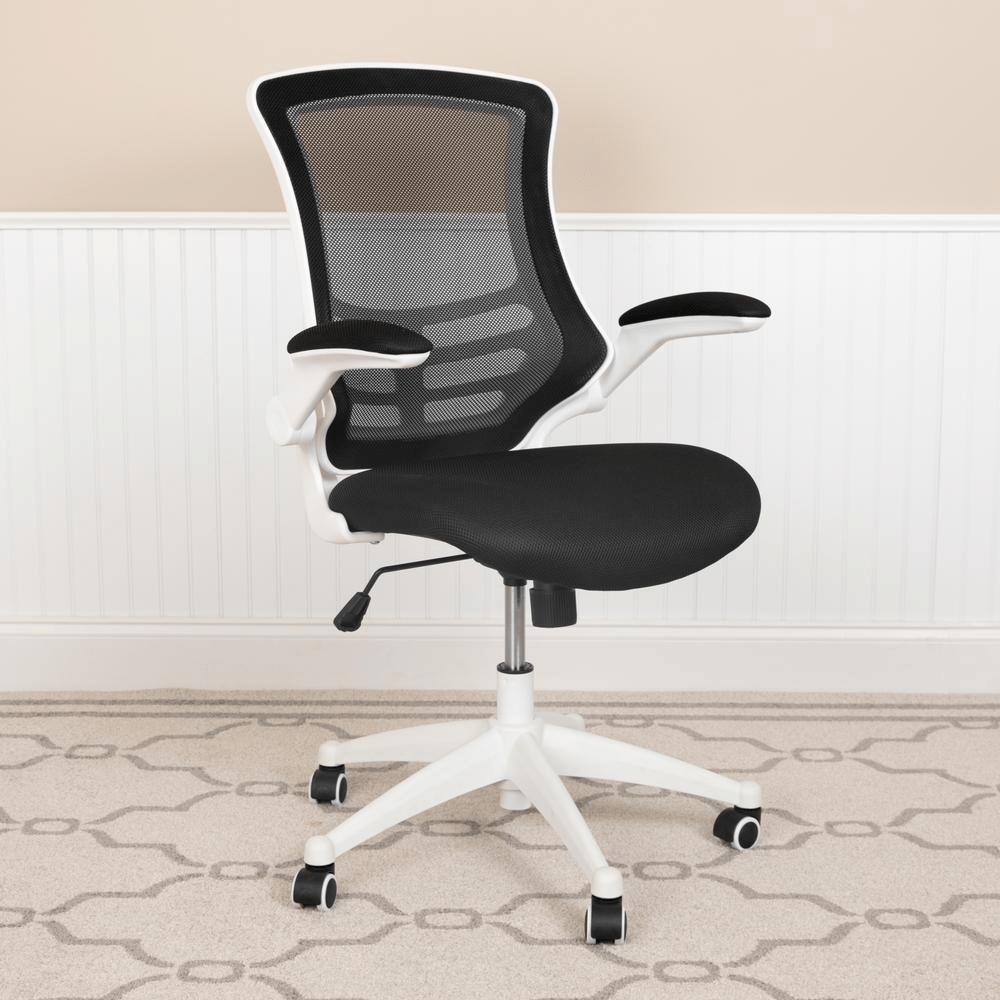 Mid - Back Black Mesh Swivel Ergonomic Task Office Chair with White Frame and Flip - Up Arms - Mervyns